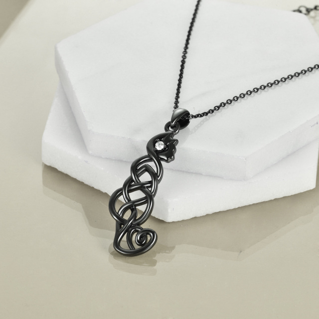 Collana con ciondolo a forma di gatto e nodo celtico in argento sterling e rodio nero-5