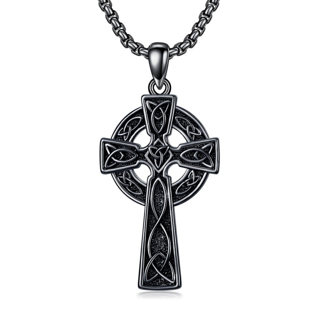 Collana da uomo con pendente a forma di croce con nodo celtico color rodio nero in argento sterling-1