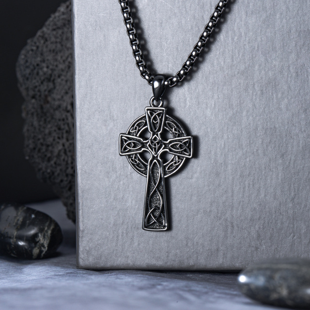 Sterling Silver with Black Rhodium Color Celtic Knot & Cross Pendant Necklace for Men-3