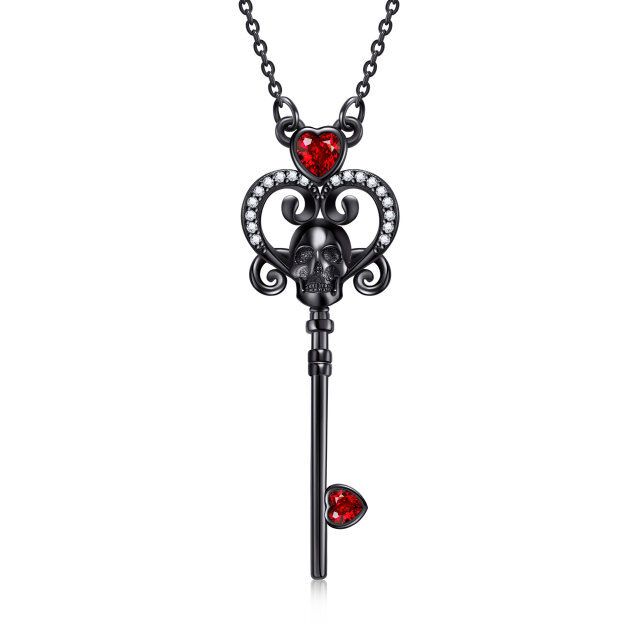 Sterling Silver with Black Rhodium Color Circular Shaped & Heart Shaped Cubic Zirconia Heart & Key & Skull Pendant Necklace-4