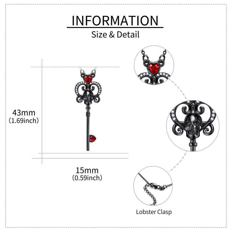 Colar com pingente de chave de coração de caveira preta de prata esterlina gótico presente de joias de Halloween-5