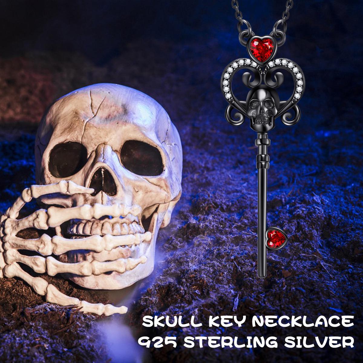 Collar con colgante de llave de corazón de calavera negra de plata de ley, regalo de joyería gótica de Halloween-6