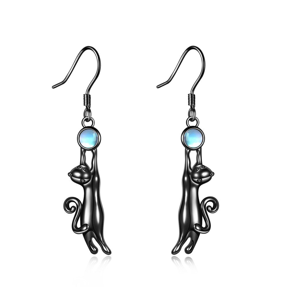 Orecchini a goccia in argento sterling con rodio nero a forma circolare di pietra lunare-1