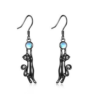 Sterling Silver with Black Rhodium Color Circular Shaped Moonstone Cat Drop Earrings-3