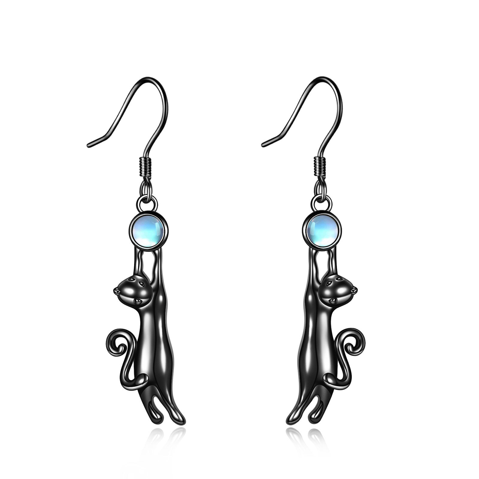 Boucles d'oreilles pendantes en argent sterling avec rhodium noir en forme de chat en pier