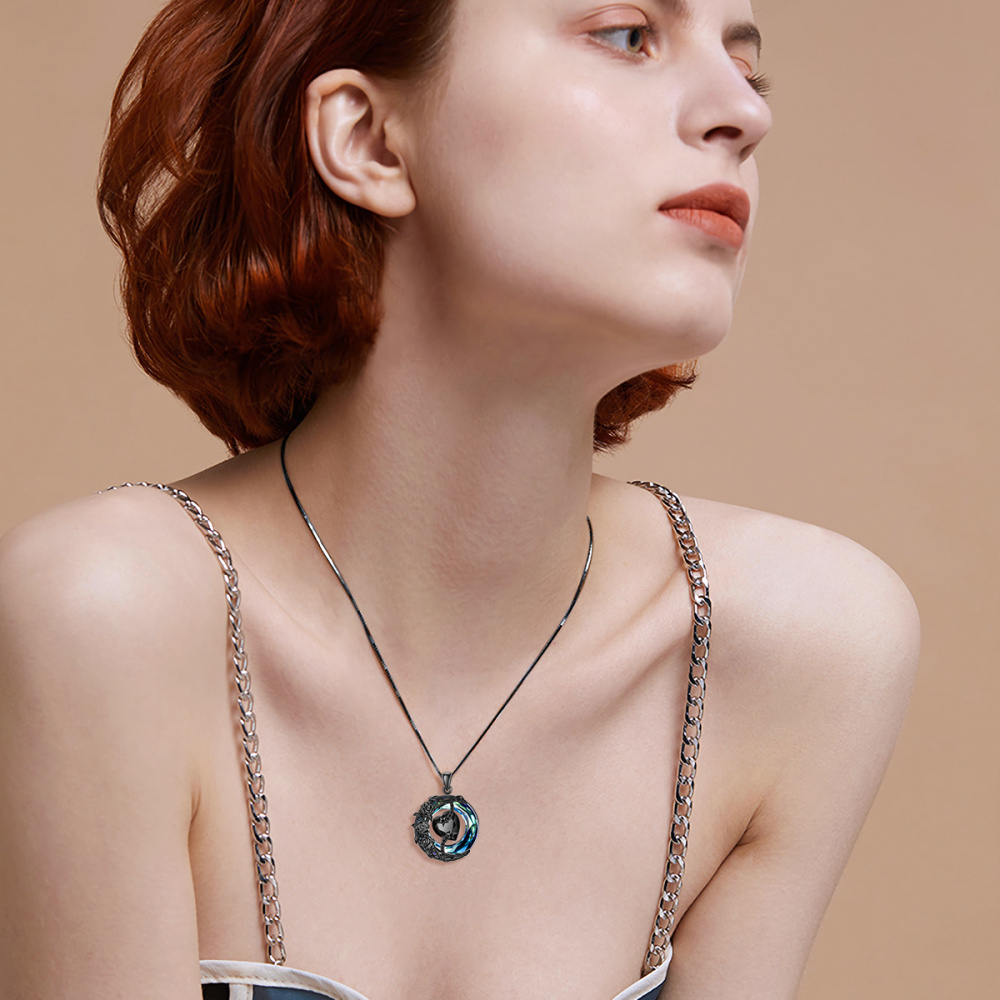 Collier en argent sterling et rhodium noir avec pendentif circulaire en forme de rose et d-2