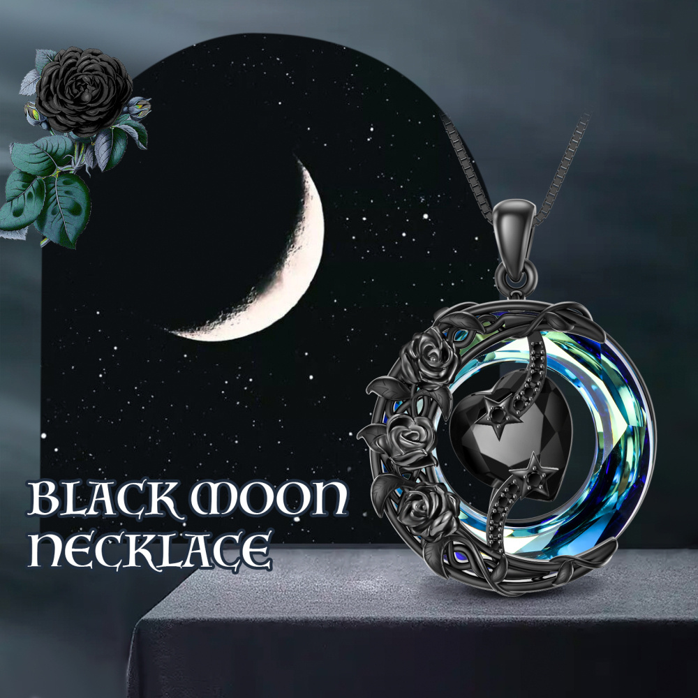 Collier en argent sterling et rhodium noir avec pendentif circulaire en forme de rose et d-5