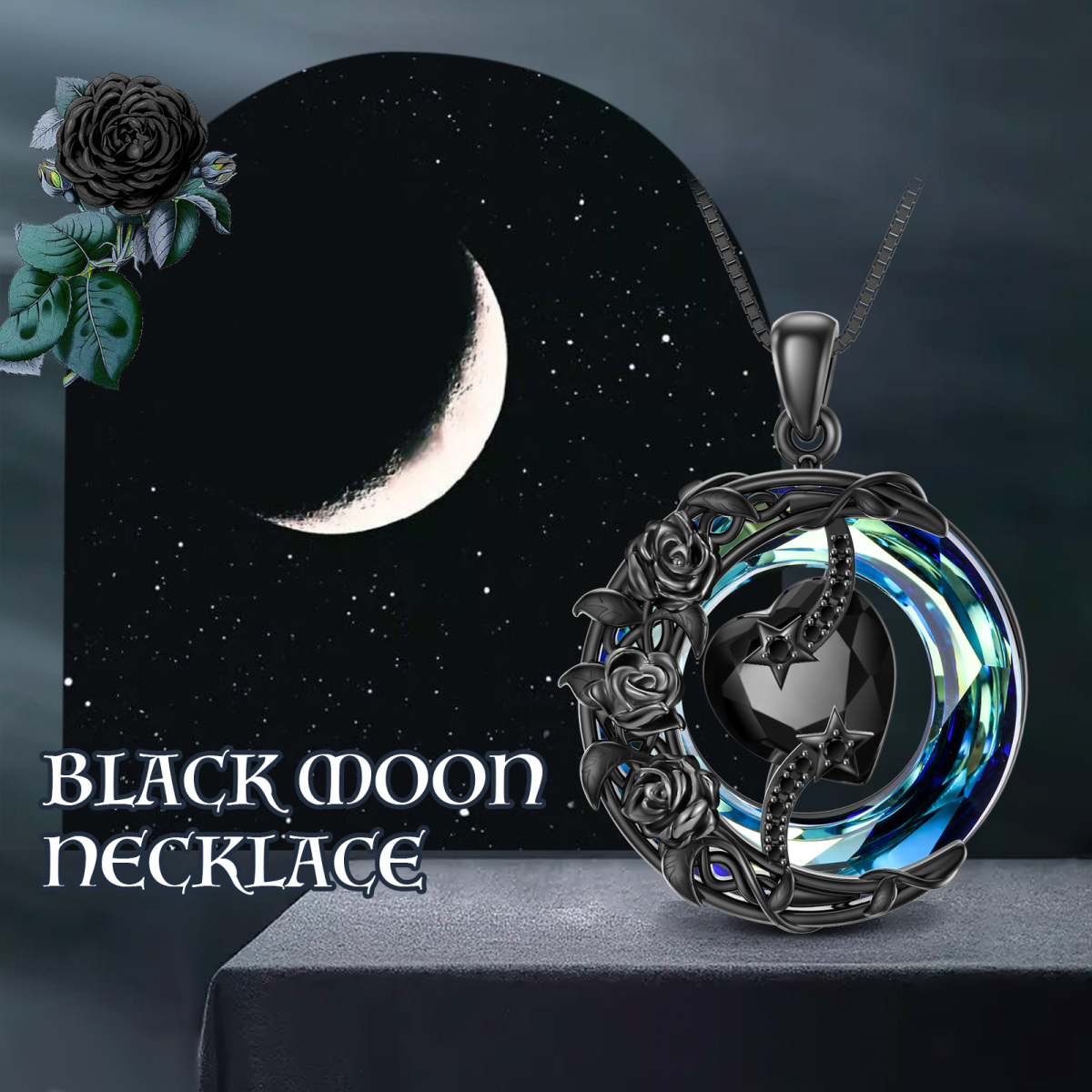 Sterling Silver with Black Rhodium Color Circular Shaped Rose & Heart Crystal Pendant Necklace-5