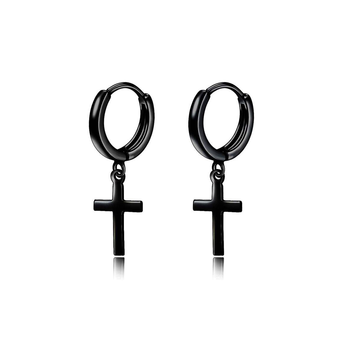 Sterling Silver with Black Rhodium Color Cross Drop Earrings-1