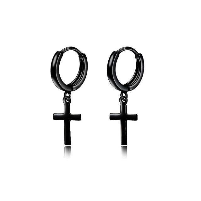 Sterling Silver with Black Rhodium Color Cross Drop Earrings