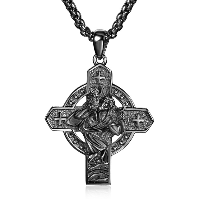 Sterling Silver with Black Rhodium Color Cross & Saint Christopher Pendant Necklace with Engraved Word for Men-1