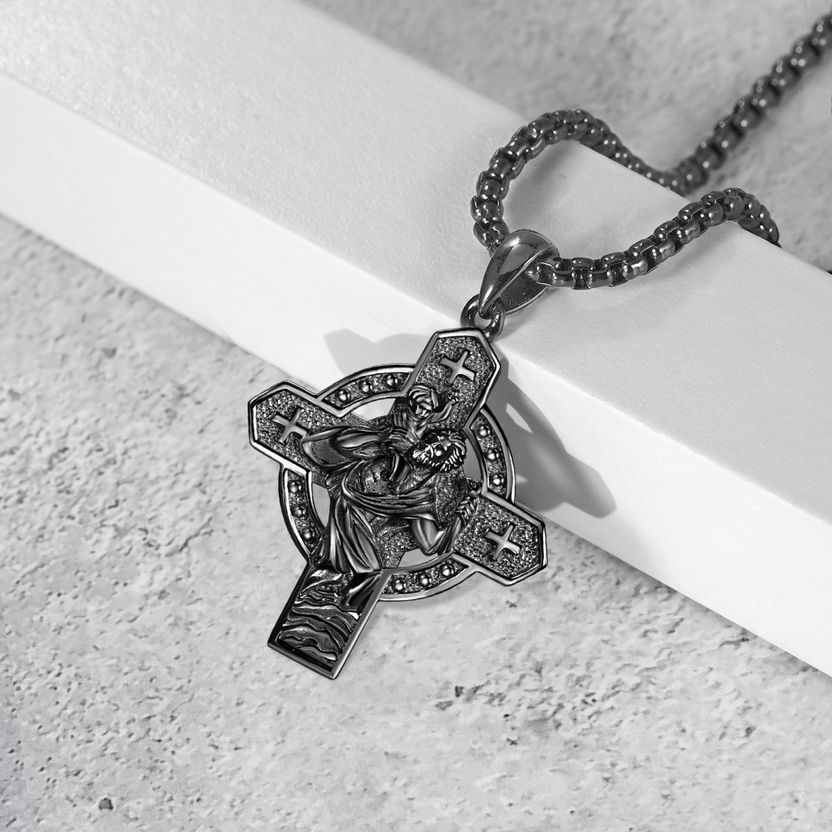 Sterling Silver with Black Rhodium Color Cross & Saint Christopher Pendant Necklace with Engraved Word for Men-3