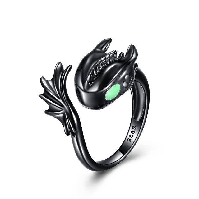 Anello aperto con drago in argento sterling e rodio nero-1