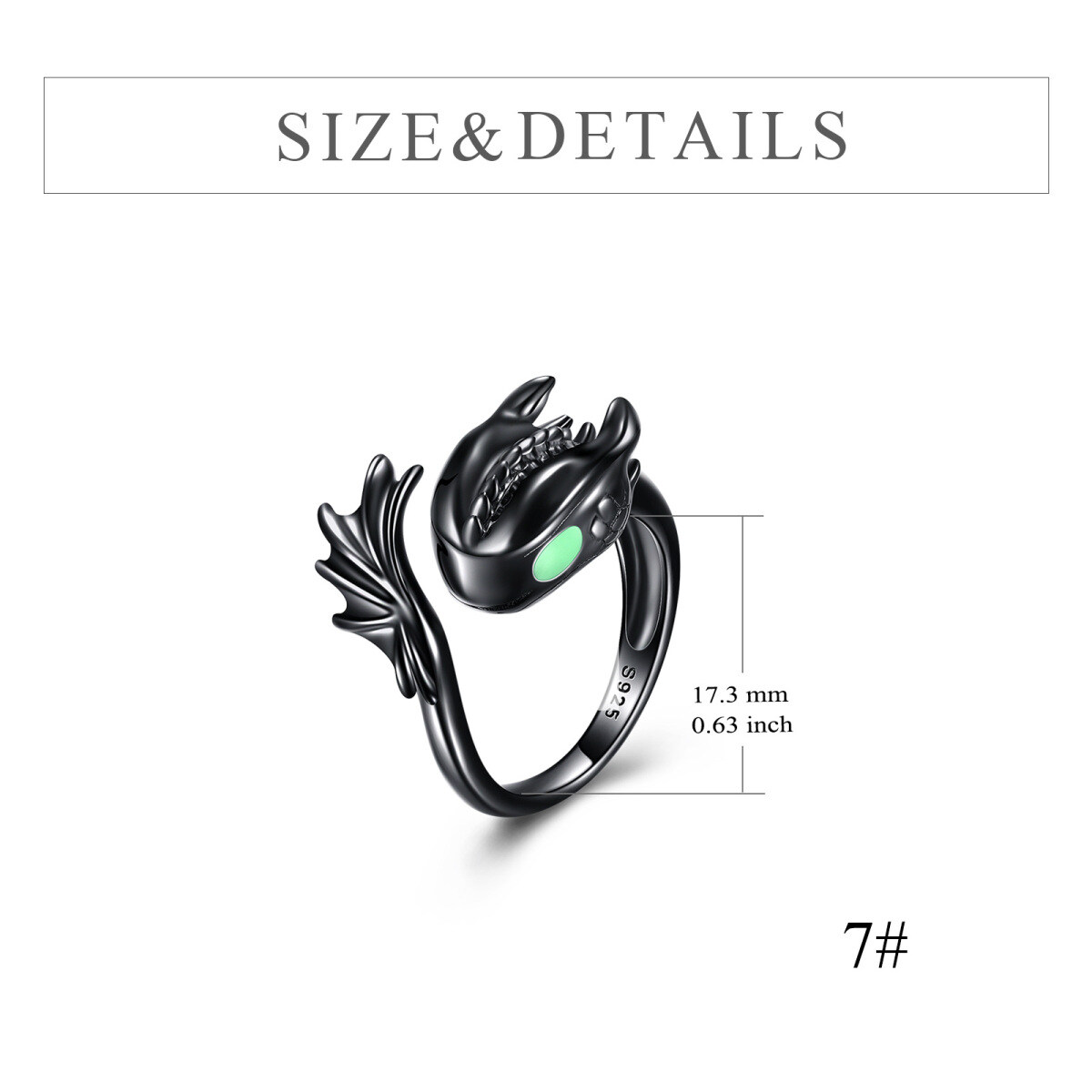 Sterling Silver with Black Rhodium Color Dragon Open Ring-5