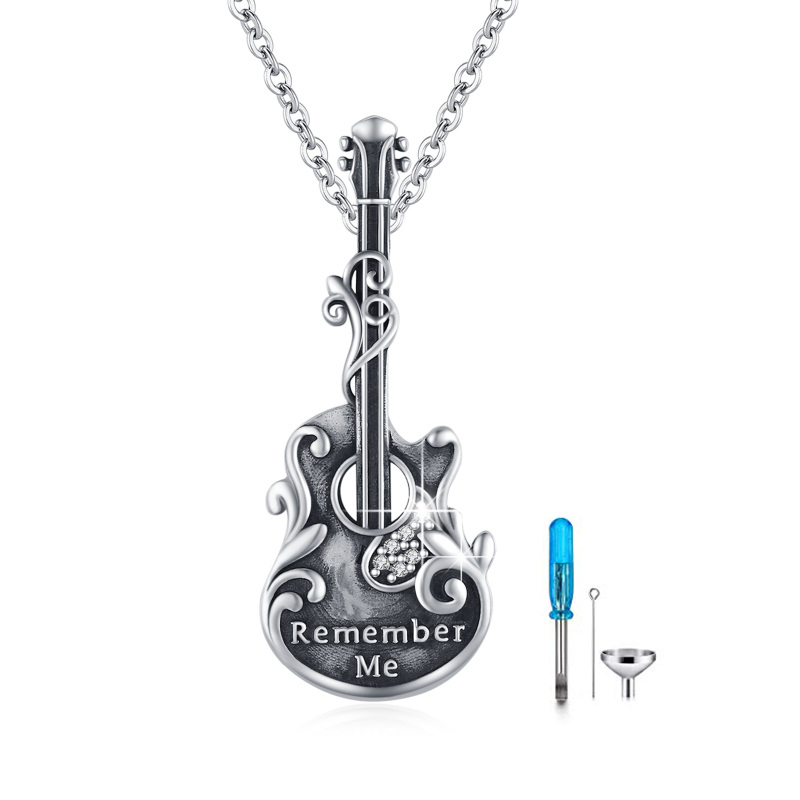 Collier d'urne de gravure de guitare de couleur rhodium noir en argent sterling pour cendres