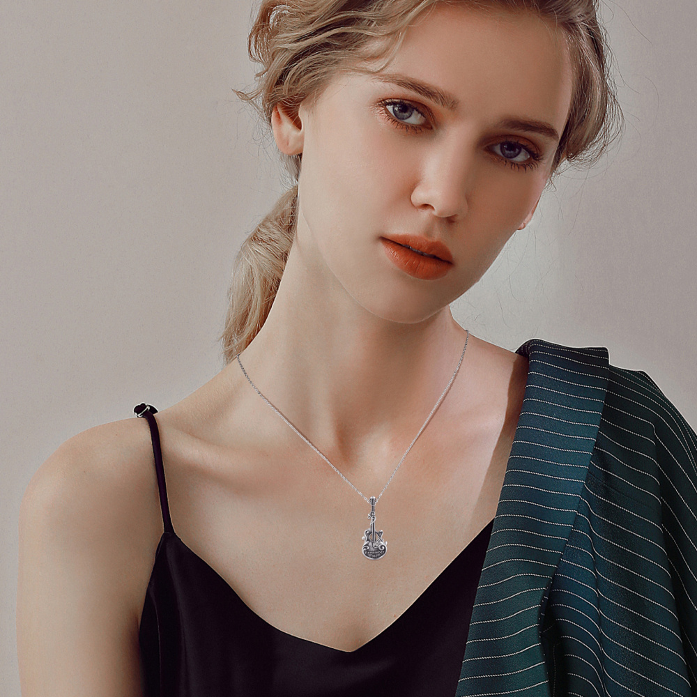 Collana con urna per ceneri in argento sterling con incisione per chitarra color rodio nero-3