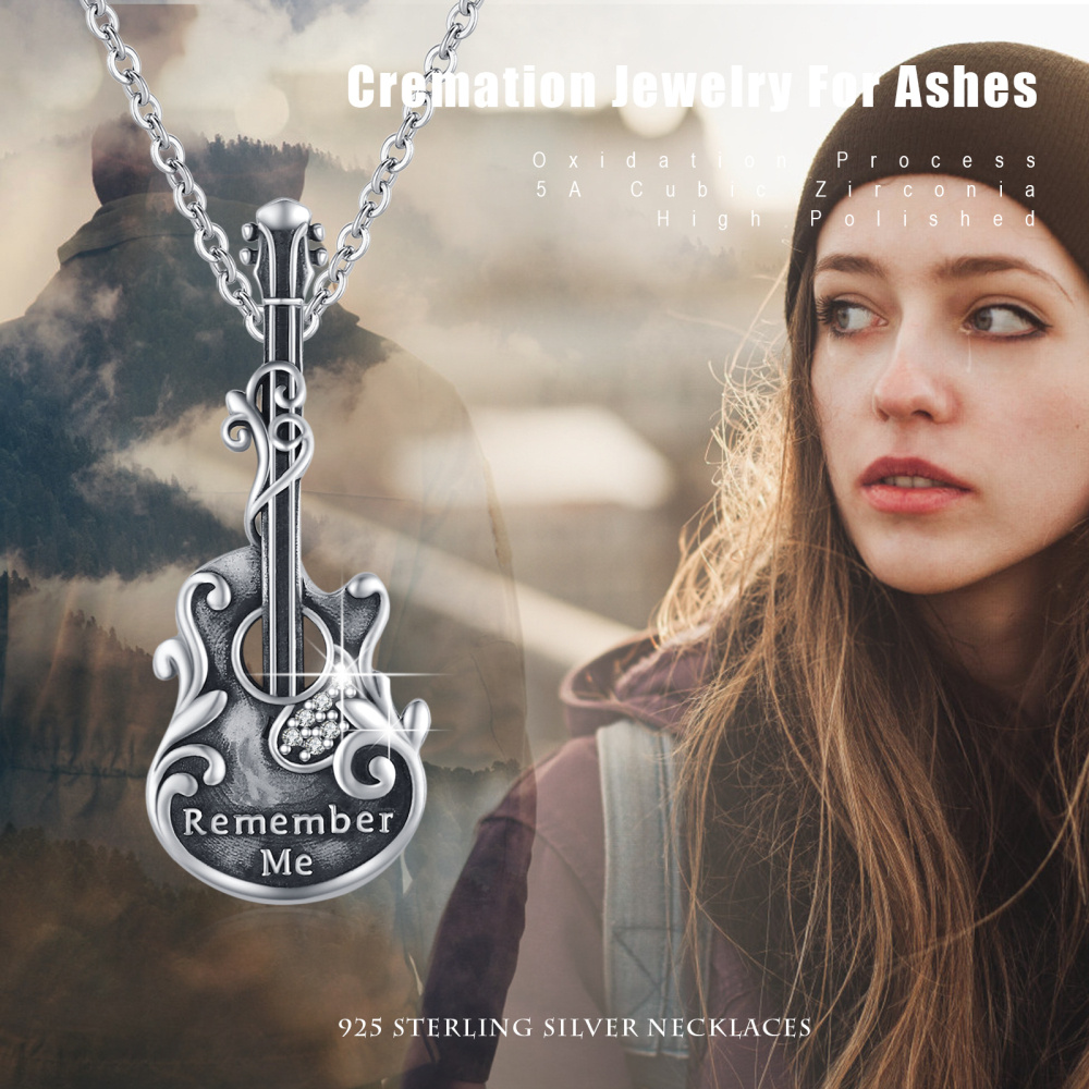 Collana con urna per ceneri in argento sterling con incisione per chitarra color rodio nero-4