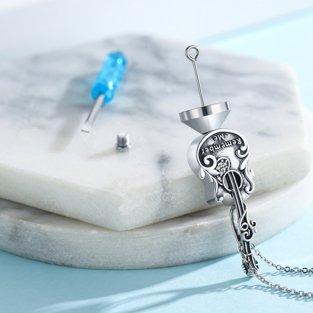 Collana con urna per ceneri in argento sterling con incisione per chitarra color rodio nero-6