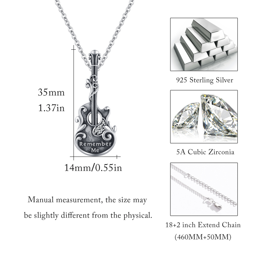 Collana con urna per ceneri in argento sterling con incisione per chitarra color rodio nero-7
