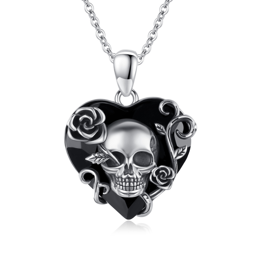 Collier en argent sterling et rhodium noir avec pendentif rose en forme de coeur et crâne-1