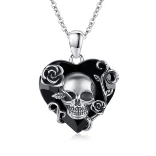 Sterling Silver with Black Rhodium Color Heart Shaped Rose & Skull Crystal Pendant Necklace-39