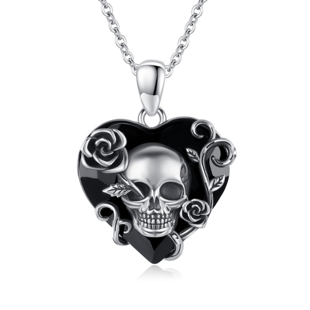 Sterling Silver with Black Rhodium Color Heart Shaped Rose & Skull Crystal Pendant Necklace-5