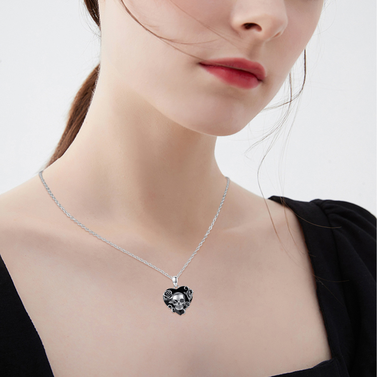 Sterling Silver with Black Rhodium Color Heart Shaped Rose & Skull Crystal Pendant Necklace-2