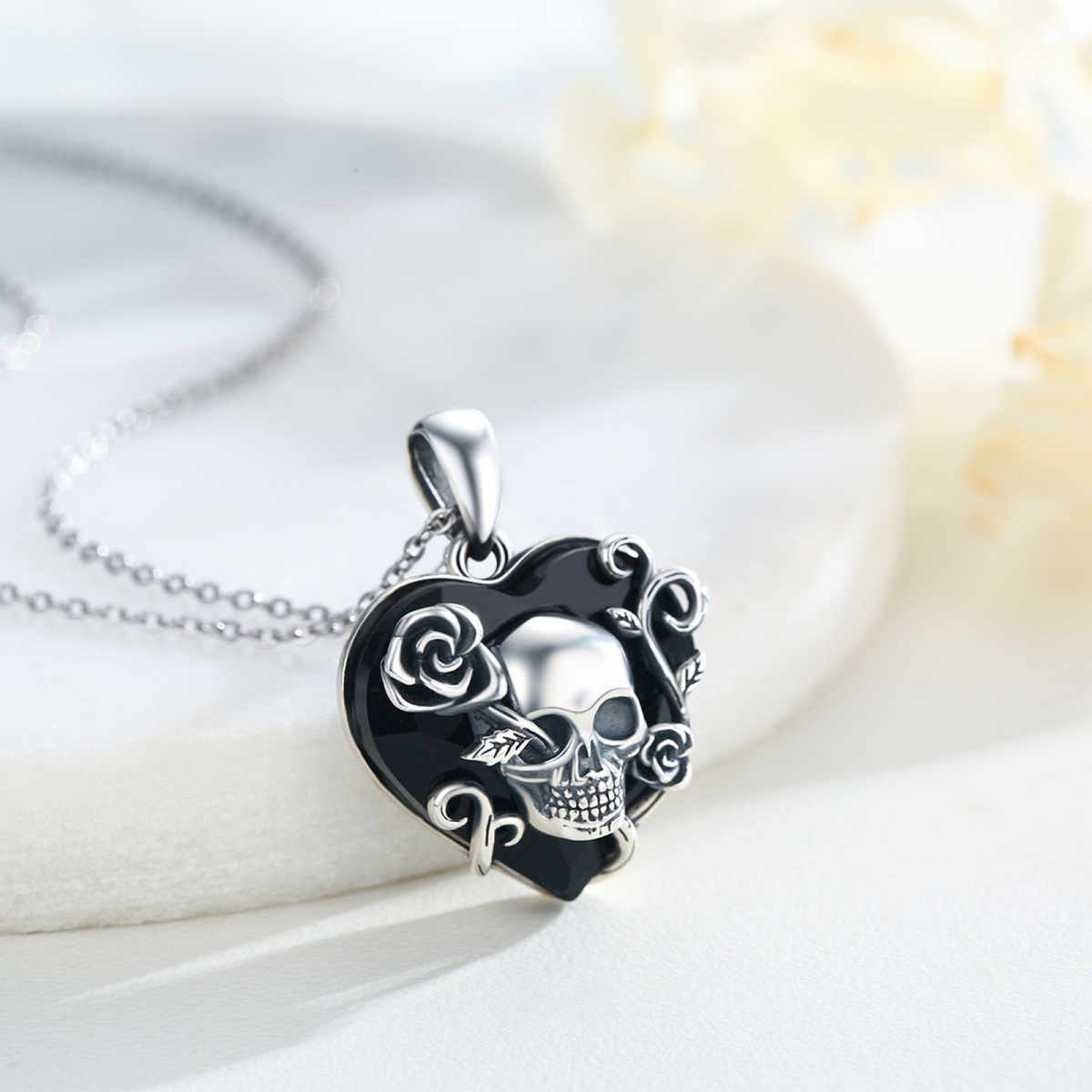 Sterling Silver with Black Rhodium Color Heart Shaped Rose & Skull Crystal Pendant Necklace-3