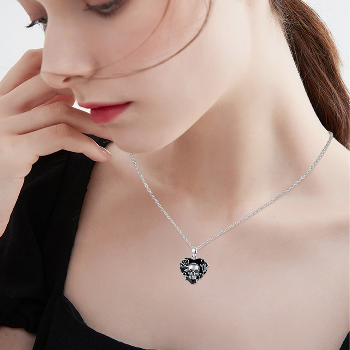 Sterling Silver with Black Rhodium Color Heart Shaped Rose & Skull Crystal Pendant Necklace-4