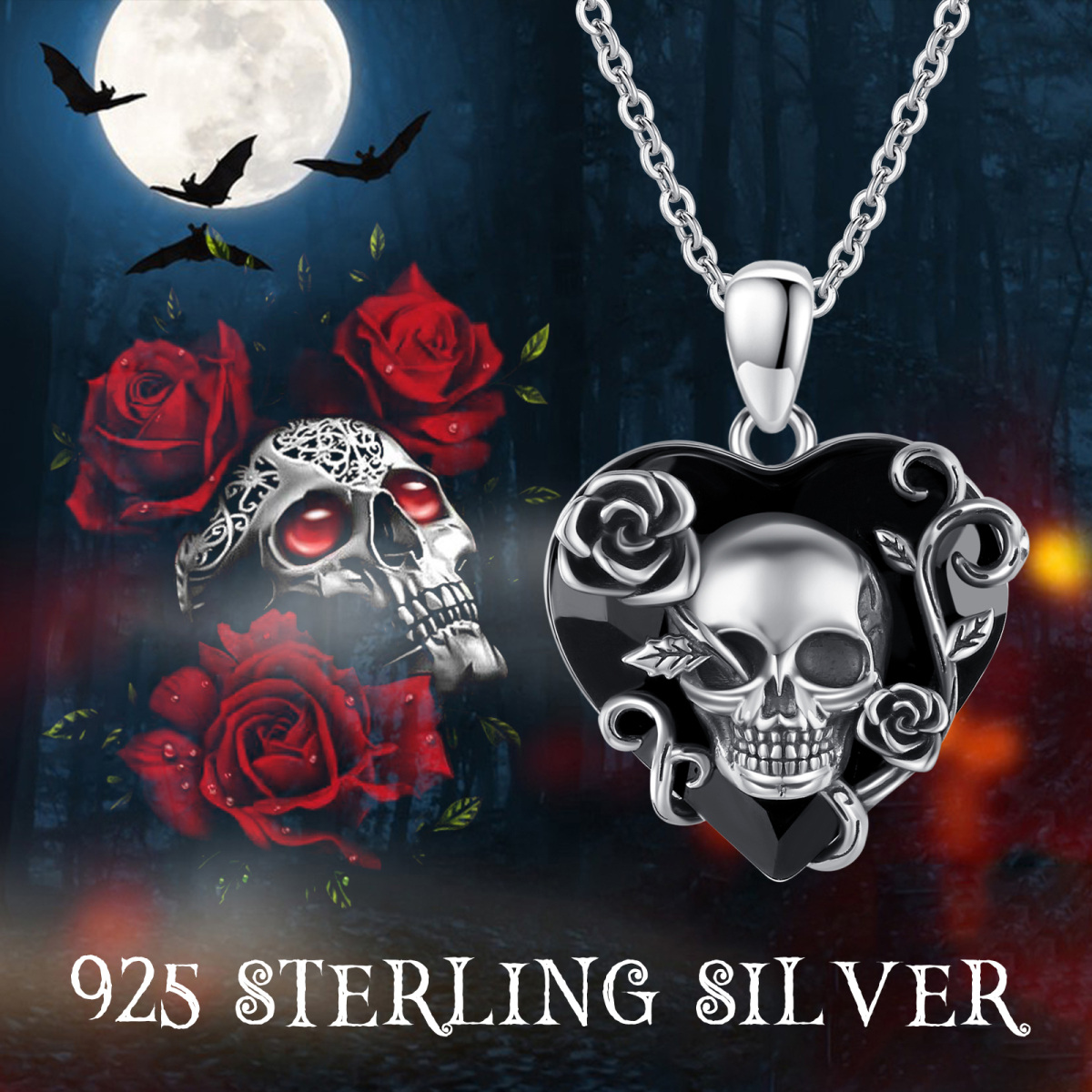 Sterling Silver with Black Rhodium Color Heart Shaped Rose & Skull Crystal Pendant Necklace-5