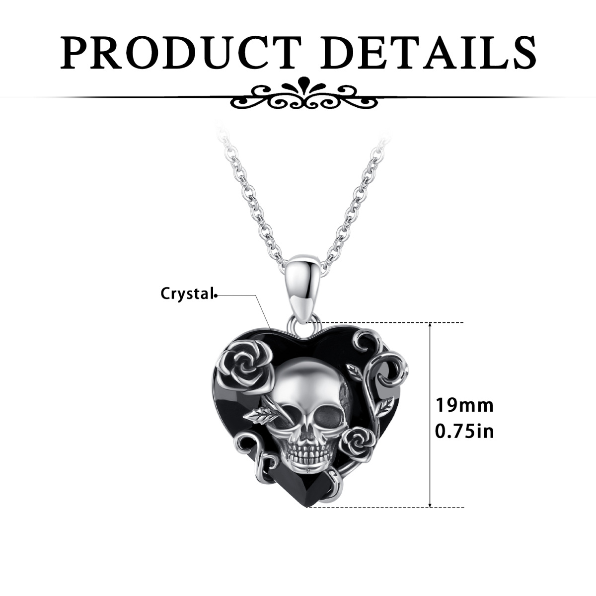 Sterling Silver with Black Rhodium Color Heart Shaped Rose & Skull Crystal Pendant Necklace-6