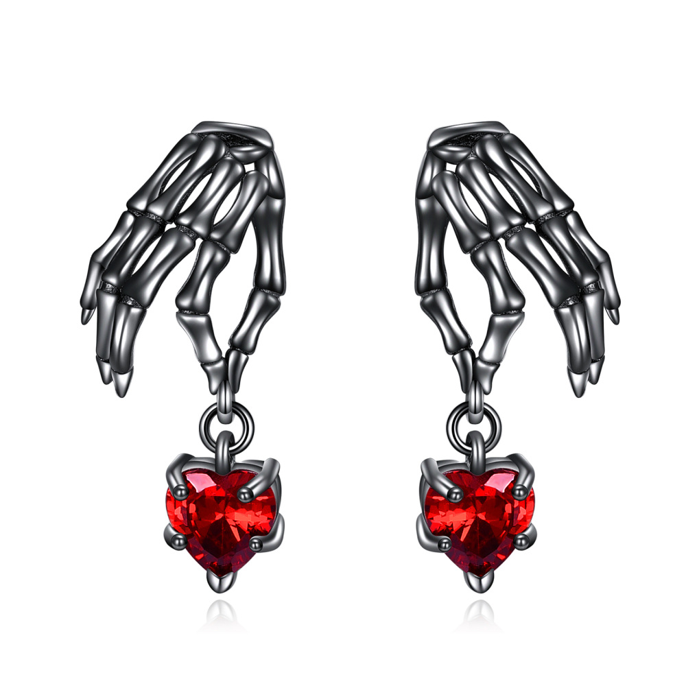 Sterling Silver With Black Rhodium Color Heart Cubic Zirconia Skull Drop Earrings For Women-1