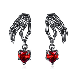 Sterling Silver With Black Rhodium Color Heart Cubic Zirconia Skull Drop Earrings For Women-2