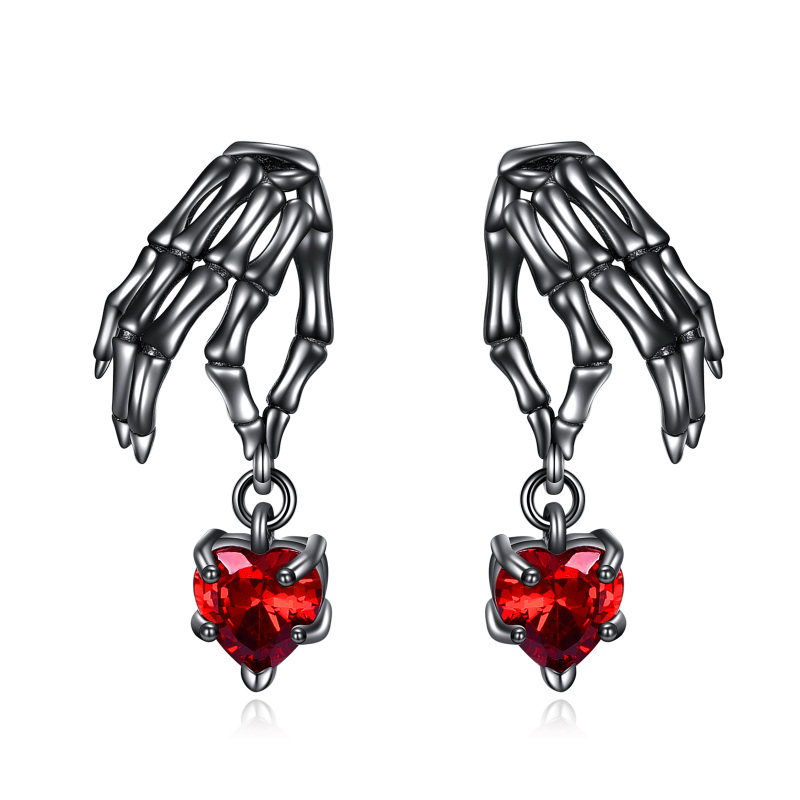 Sterling Silver with Black Rhodium Color Heart Cubic Zirconia Heart & Skull Drop Earrings