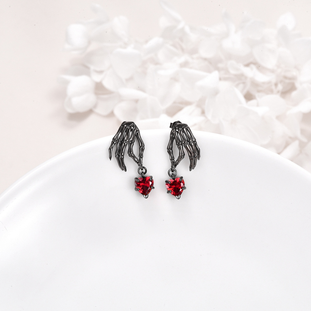 Sterling Silver With Black Rhodium Color Heart Cubic Zirconia Skull Drop Earrings For Women-3