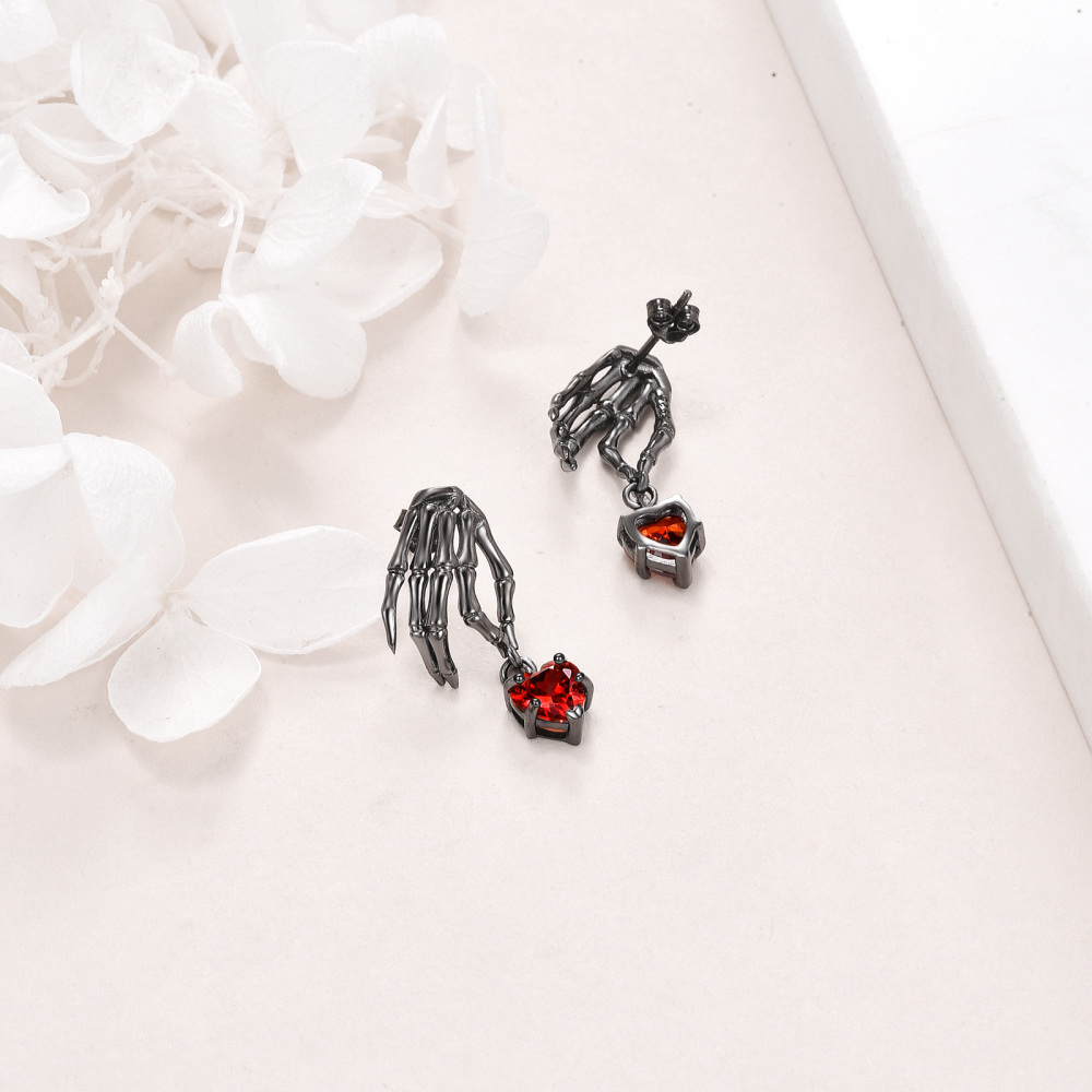 Sterling Silver With Black Rhodium Color Heart Cubic Zirconia Skull Drop Earrings For Women-4