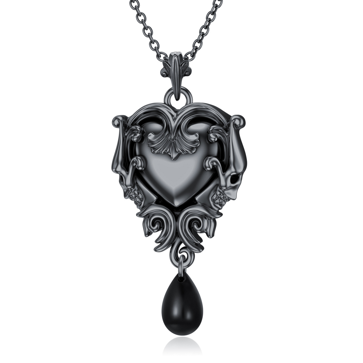 Collana con ciondolo a forma di cuore e teschio in argento sterling e rodio nero-1