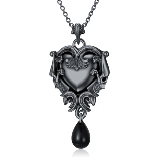 Sterling Silver with Black Rhodium Color Heart & Skull Pendant Necklace-15