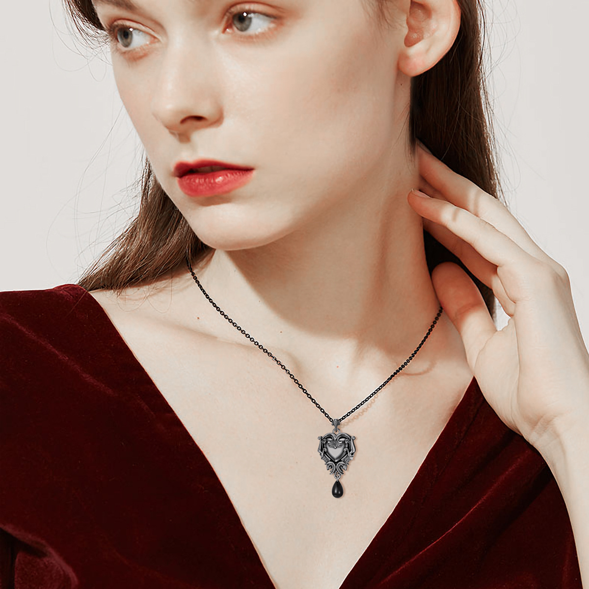 Collier en argent sterling avec pendentif coeur et tête de mort en rhodium noir-2