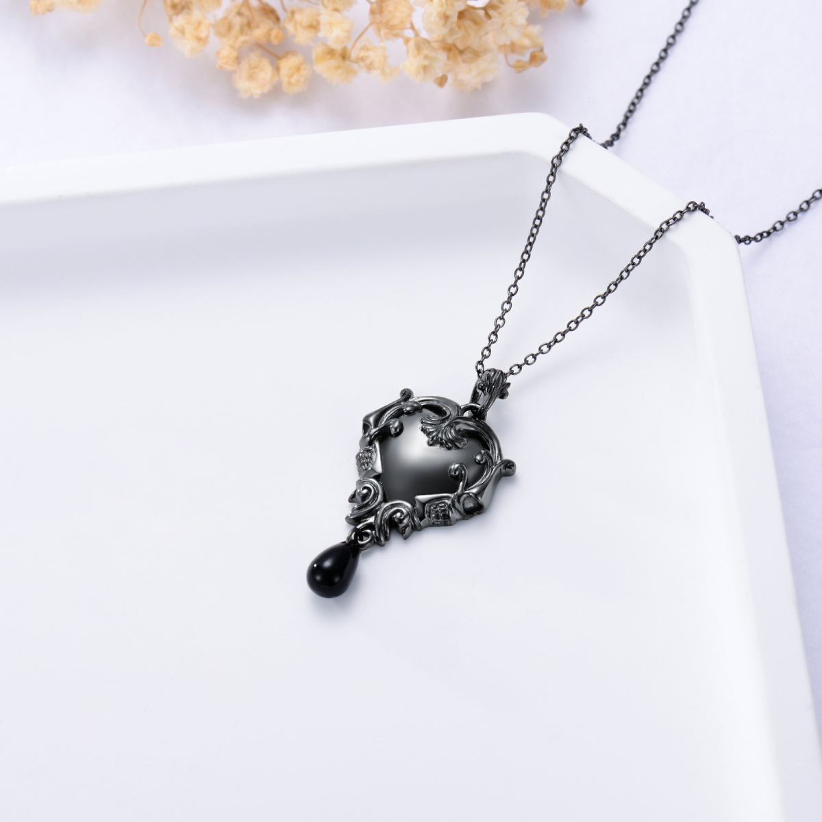 Sterling Silver with Black Rhodium Color Heart & Skull Pendant Necklace-3