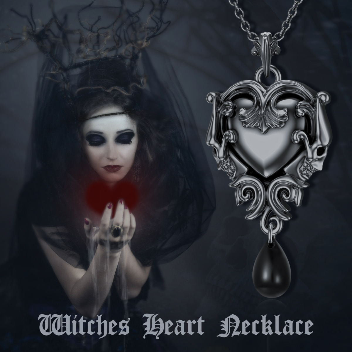 Collier en argent sterling avec pendentif coeur et tête de mort en rhodium noir-5