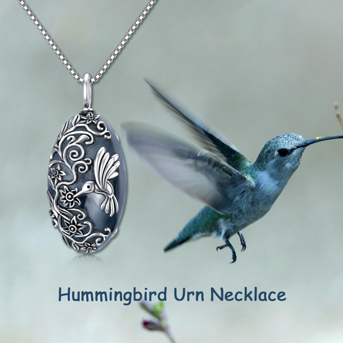 Sterling Silver with Black Rhodium Color Hummingbird Urn Necklace for Ashes-4