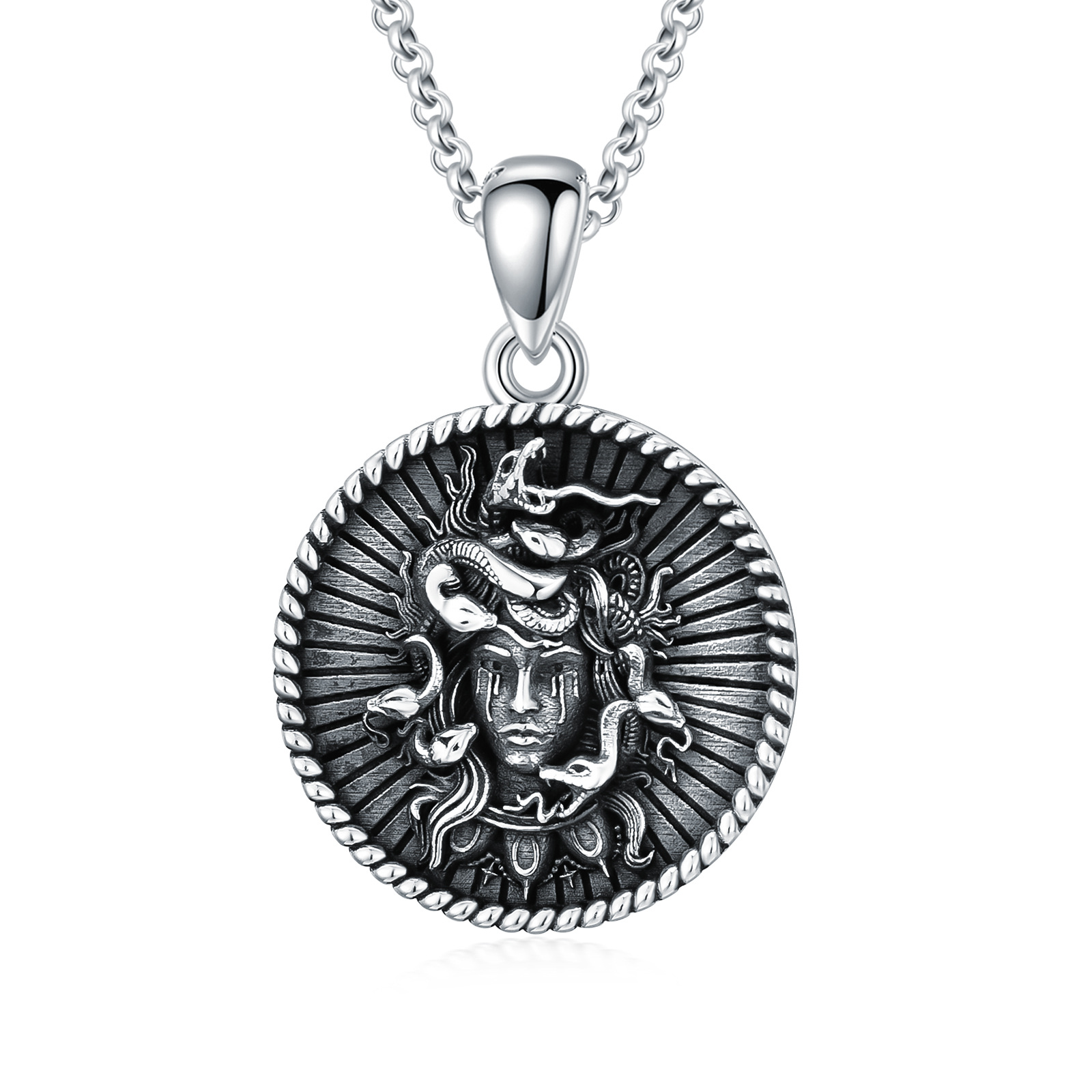 Collana con ciondolo a forma di moneta Medusa in argento sterling e rodio nero