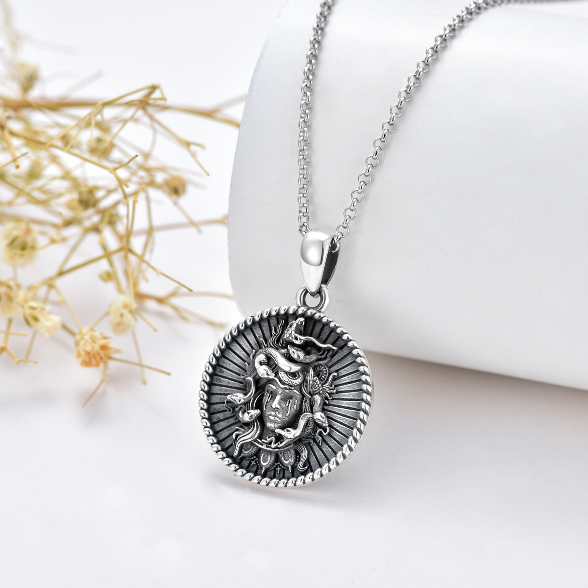 Sterling Silver with Black Rhodium Color Medusa Coin Pendant Necklace-4