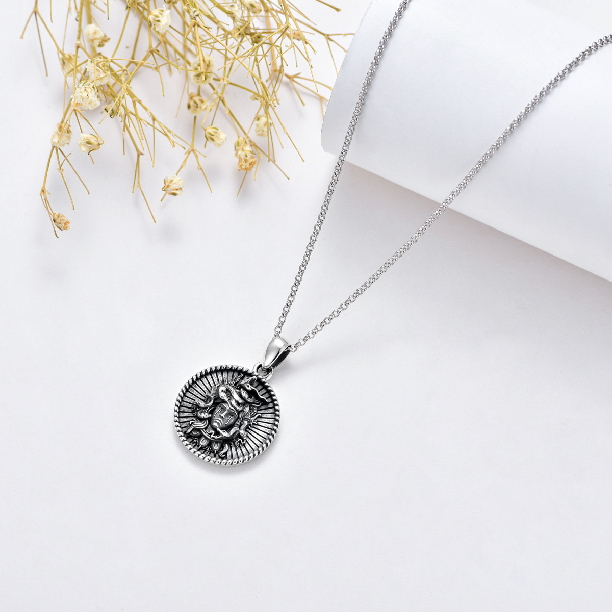 Sterling Silver with Black Rhodium Color Medusa Coin Pendant Necklace-5