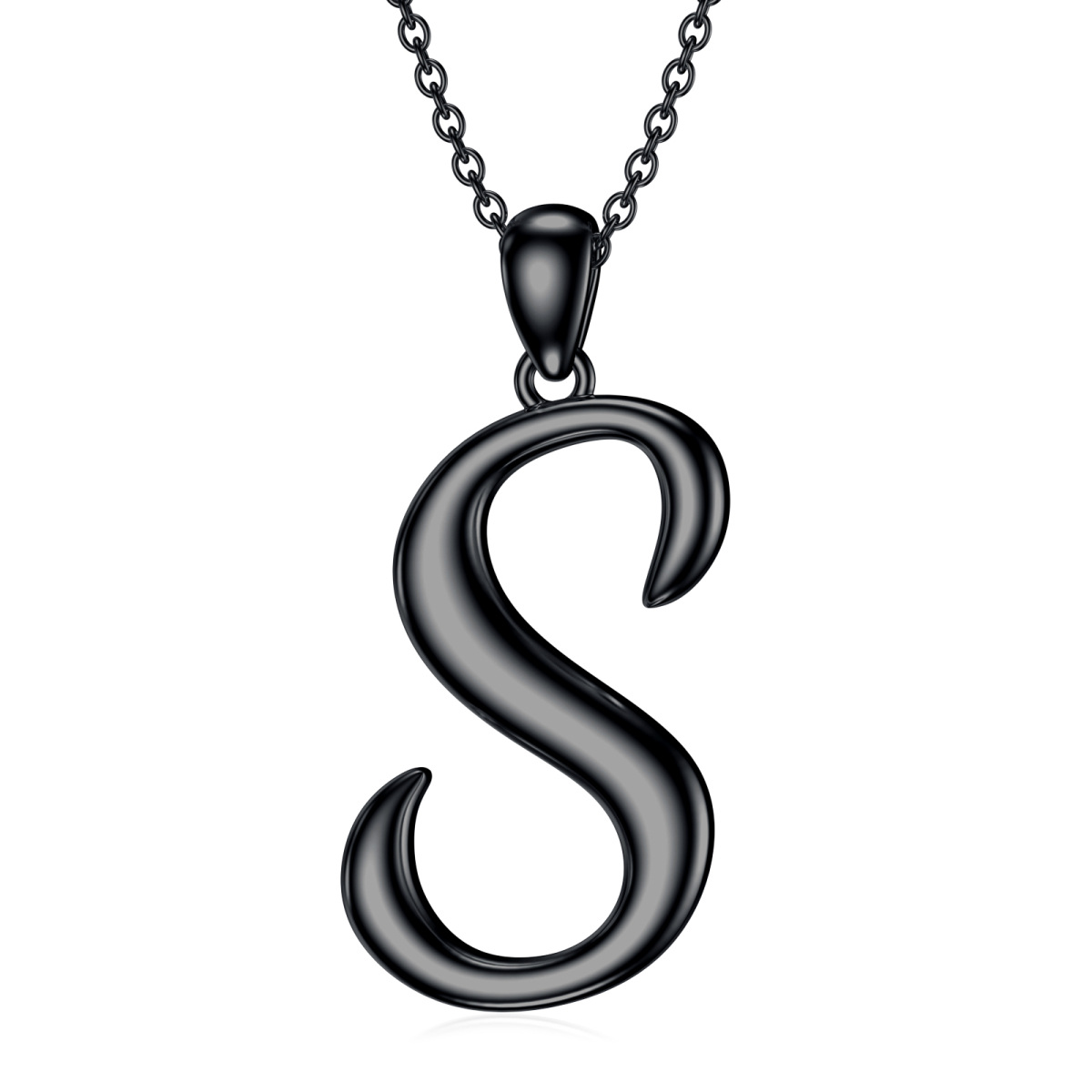 Sterling Silver with Black Rhodium Color Pendant Necklace with Initial Letter S-1