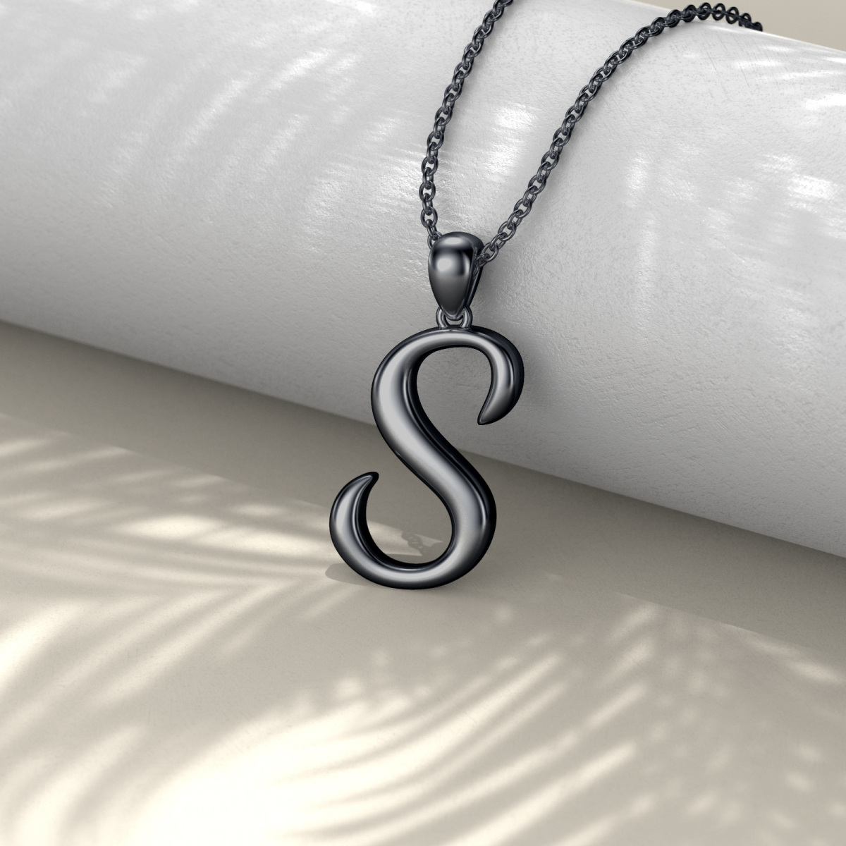 Sterling Silver with Black Rhodium Color Pendant Necklace with Initial Letter S-3