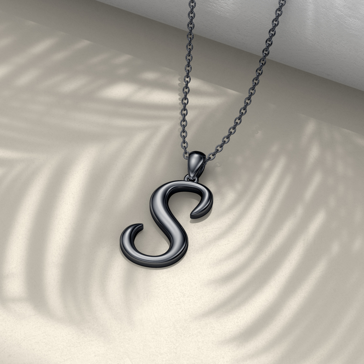 Sterling Silver with Black Rhodium Color Pendant Necklace with Initial Letter S-4