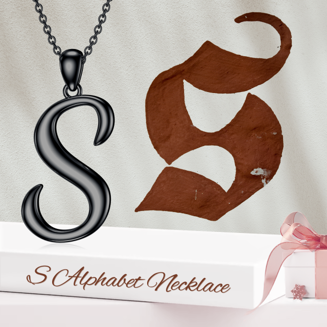 Sterling Silver with Black Rhodium Color Pendant Necklace with Initial Letter S-6