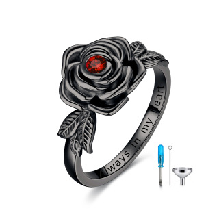 Sterling Silver with Black Rhodium Color Red Crystal Rose Cremation Urn Ring for Women-5